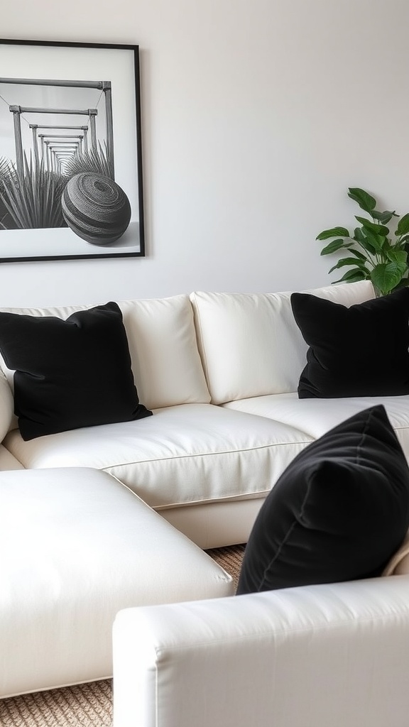 Cozy white sofa with black throw pillows and a geometric pattern.