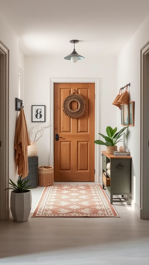 A well-decorated entryway featuring a wooden door, a rug, plants, and stylish storage.