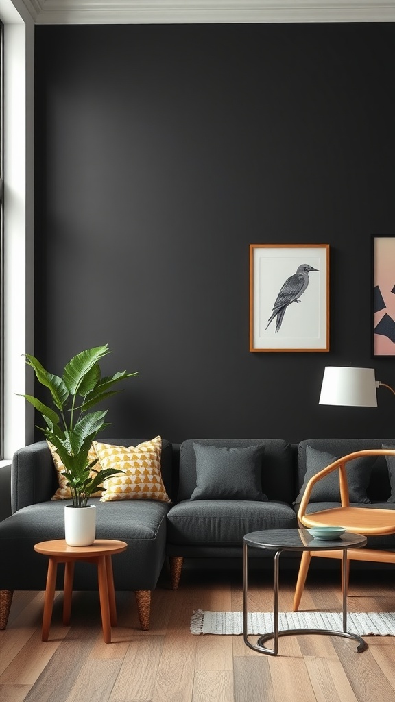 A stylish living room with a black accent wall, featuring a dark gray sofa, wooden furniture, and green plants.