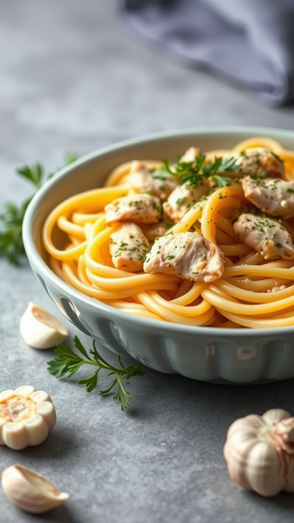 A bowl of garlic butter chicken pasta with parsley garnish and garlic cloves around it.