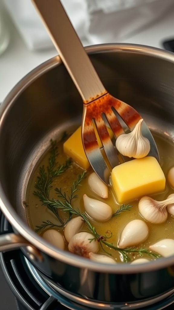 A pot with garlic and butter being melted on the stove.