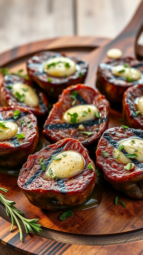 Delicious garlic butter steak bites served on a wooden platter.