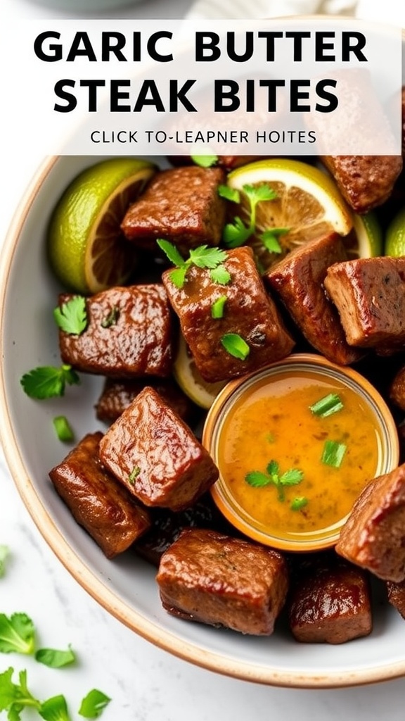 A bowl of garlic butter steak bites garnished with herbs and served with a chimichurri sauce.