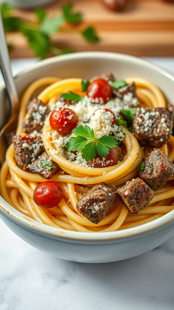 A plate of spaghetti topped with garlic butter steak bites and Parmesan cheese.