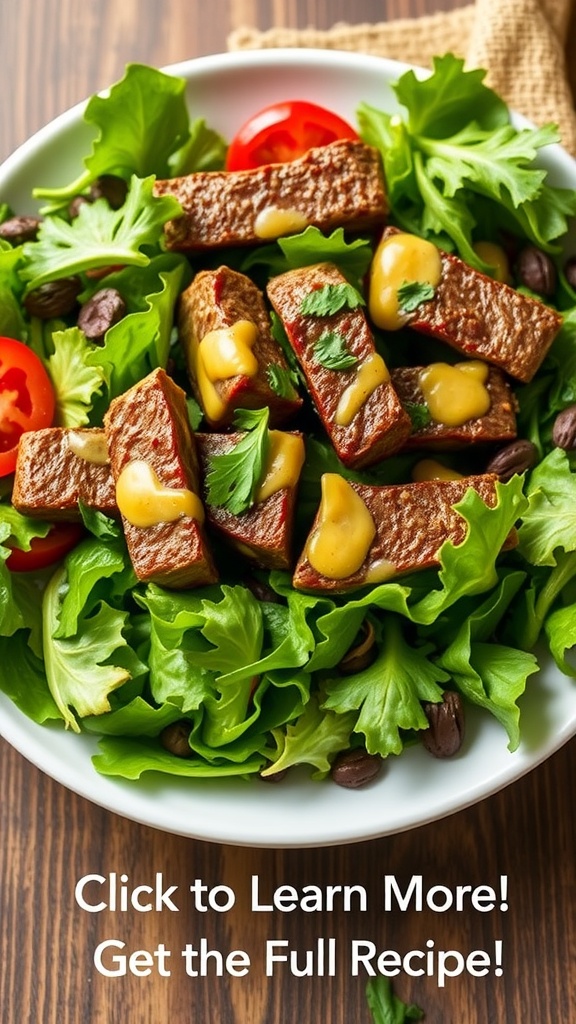A vibrant salad featuring garlic butter steak bites, mixed greens, and fresh tomatoes.