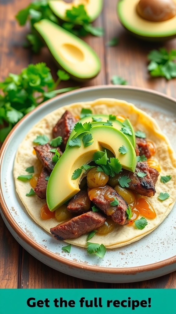 Garlic butter steak tacos topped with avocado and cilantro on a plate.
