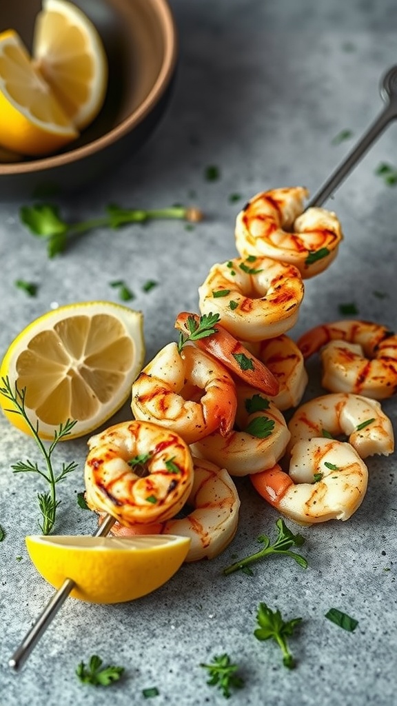 Plate of grilled shrimp with lemon and herbs