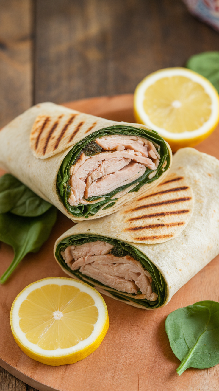 Garlic Lemon Chicken and Spinach Wrap with lemon slices and spinach leaves