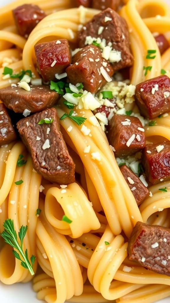 A close-up of bowtie pasta with beef chunks, garnished with parsley and garlic.