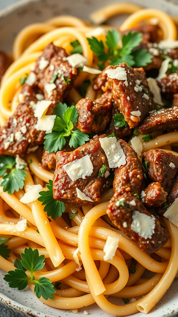 A delicious plate of Garlic Parmesan Beef Bowtie Pasta topped with parsley and cheese.