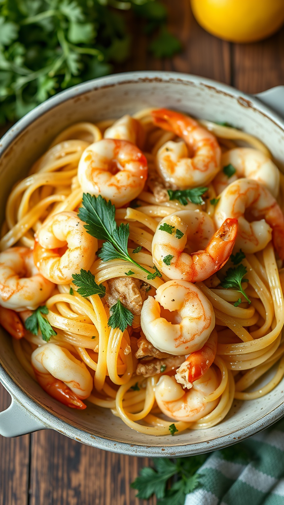A plate of garlic shrimp and chicken pasta with lemon and parsley