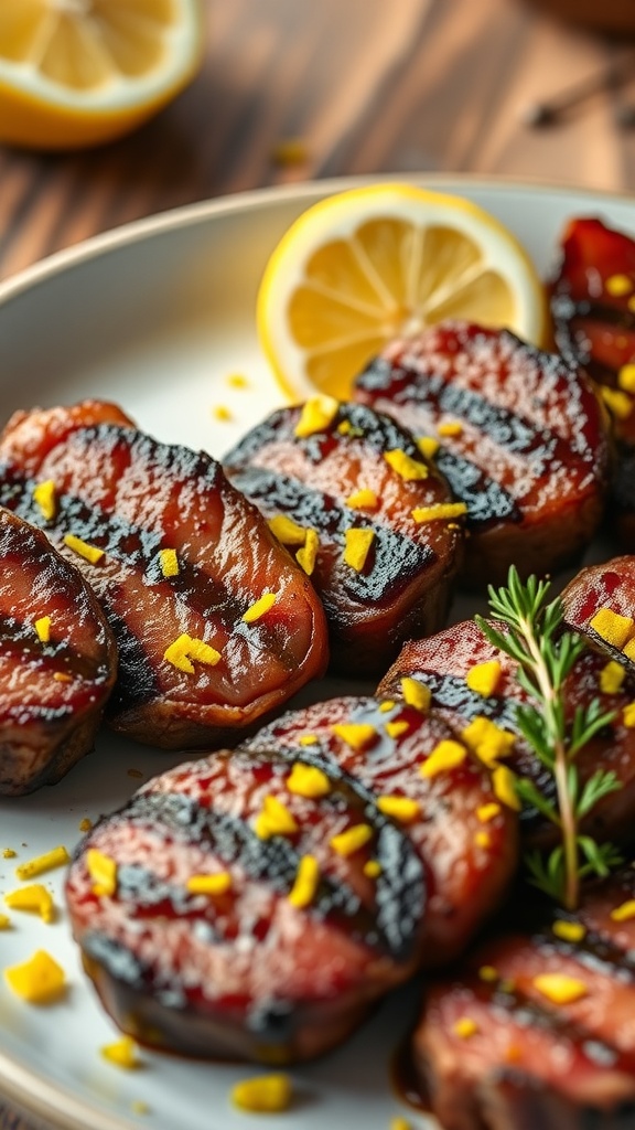Garlic butter steak bites garnished with lemon zest and fresh herbs