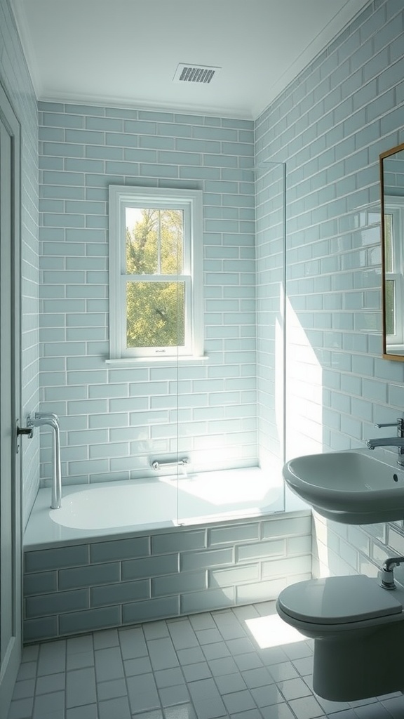 A bathroom featuring gentle dusty blue tiles, with natural light illuminating the space.