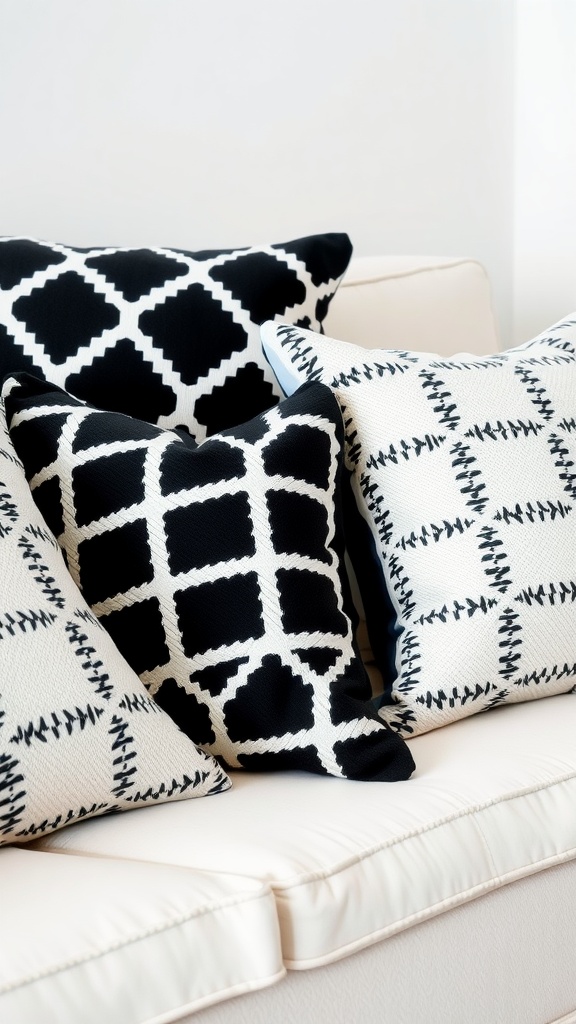 A white sofa adorned with black throw pillows featuring geometric patterns.