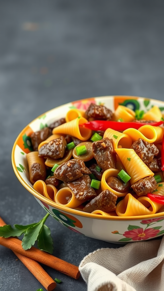 A vibrant bowl of Ginger Soy Beef Bowtie Stir-Fry featuring bowtie pasta, beef, and colorful vegetables.
