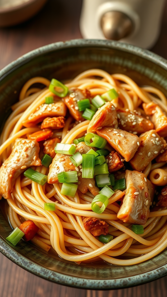A bowl of ginger soy chicken noodles topped with green onions and sesame seeds.