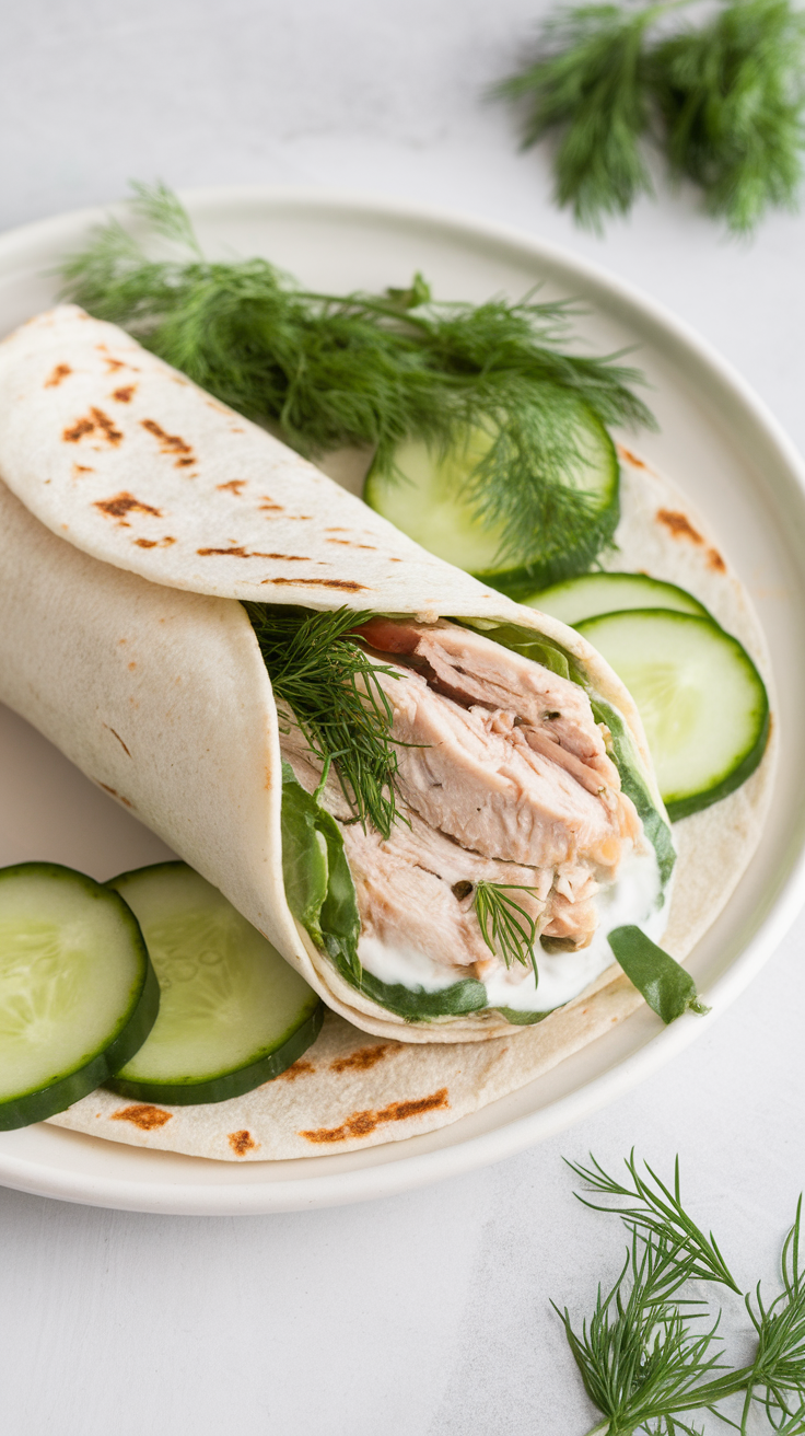 A delicious Greek yogurt dill chicken wrap with chicken, dill, and cucumber slices on a plate.