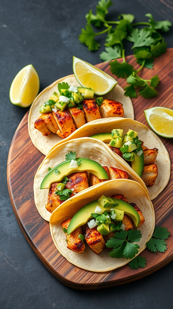 Three grilled chicken tacos topped with avocado salsa, served with lime wedges and cilantro.