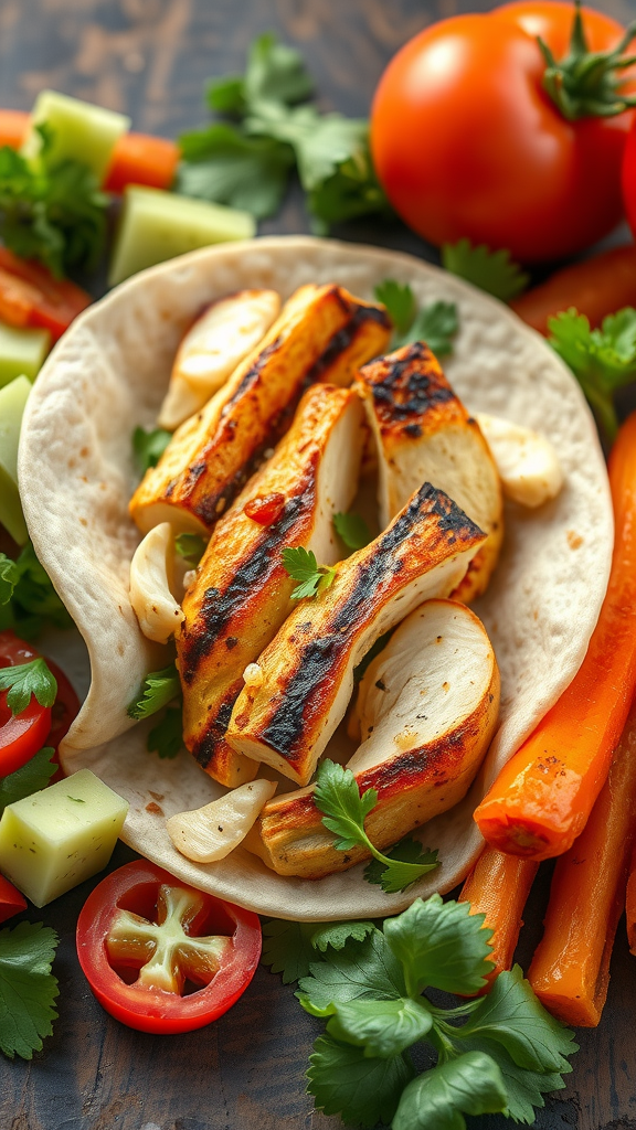 A tortilla filled with grilled chicken, roasted garlic, and fresh vegetables.