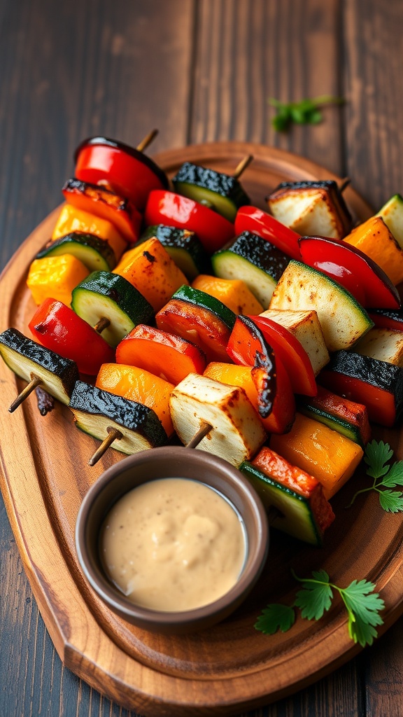 Colorful grilled vegetable skewers on a wooden platter with a dipping sauce.