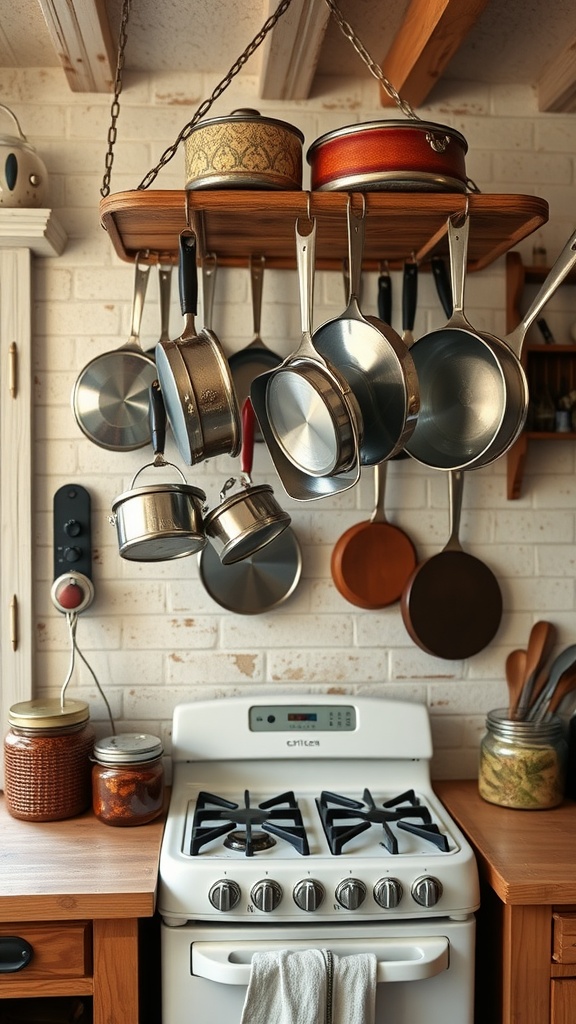 A hanging pot rack with several pots above a white stove in a cozy kitchen.