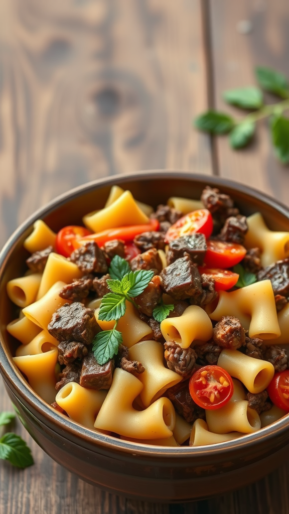 A bowl of hearty beef and bowtie pasta with vegetables, garnished with mint leaves and cherry tomatoes.