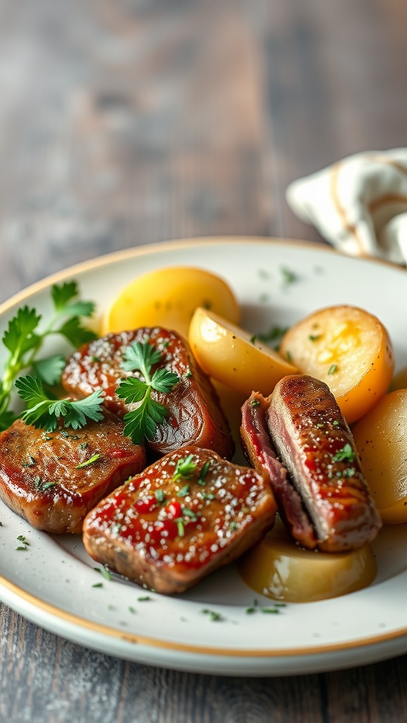 Plate of garlic butter steak bites and potatoes garnished with fresh herbs.