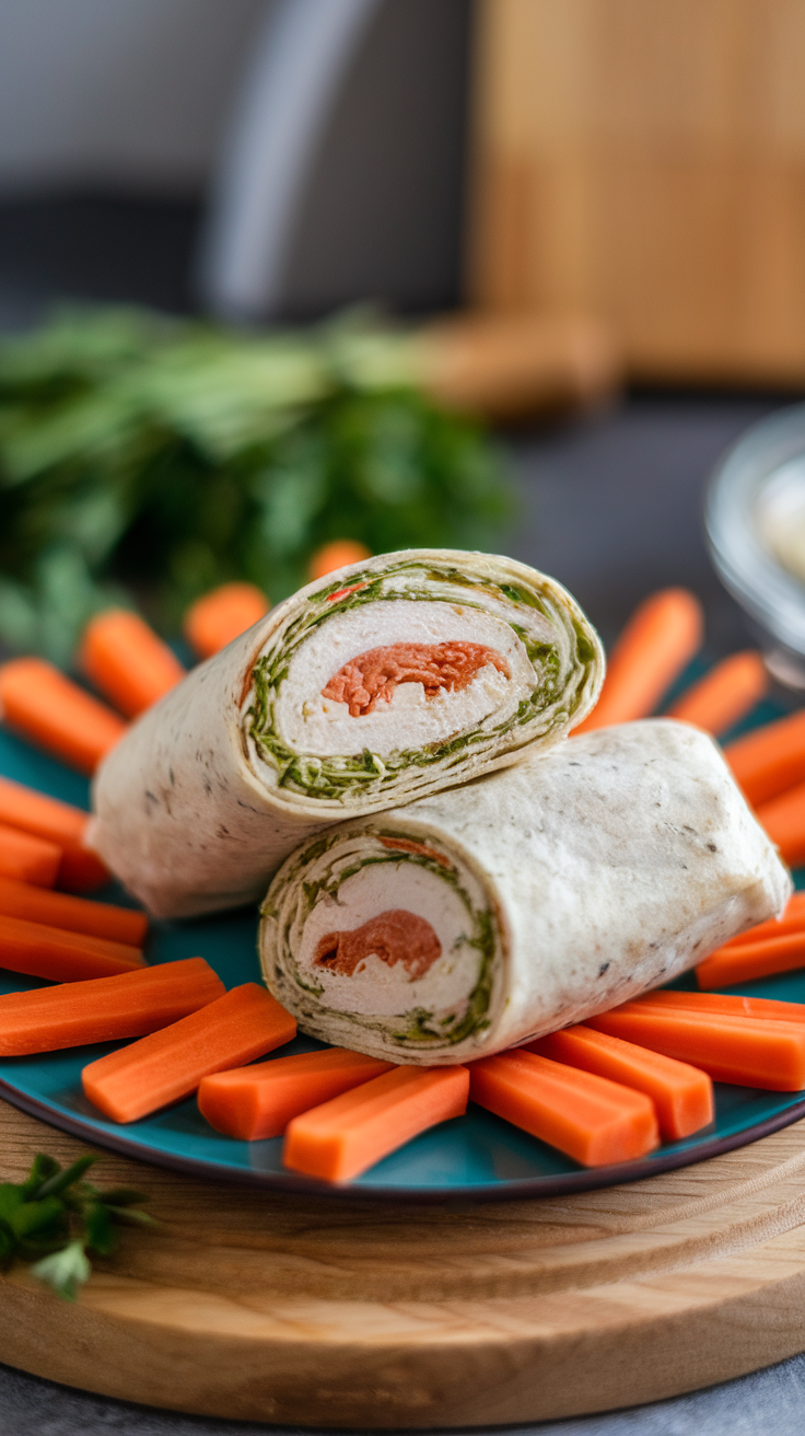Sliced herbed cream cheese chicken wraps on a plate with carrot sticks.