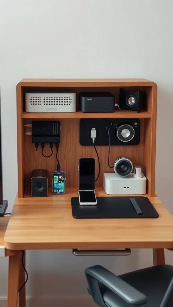 A sleek desk with hidden charging stations, showcasing an organized tech setup.