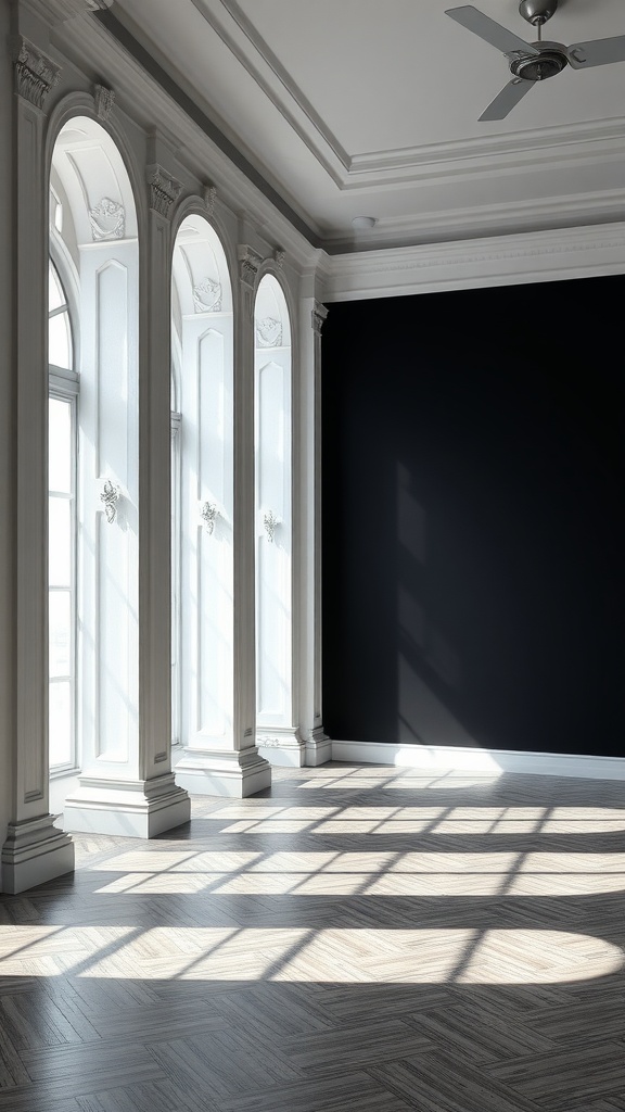 A room with a matte black accent wall and large windows, showcasing elegant architectural details.