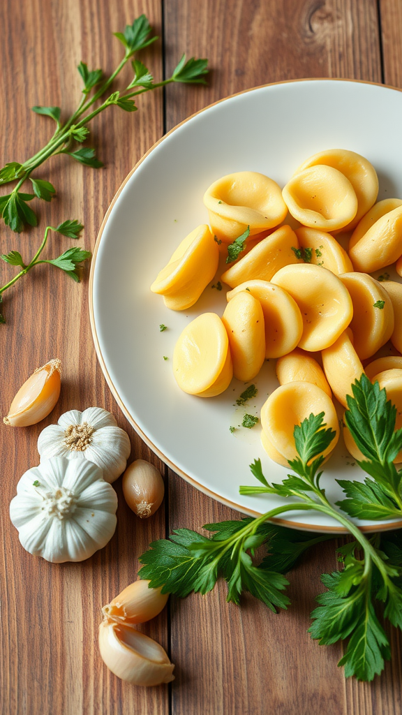A plate of tortellini with garlic and parsley on a wooden table.