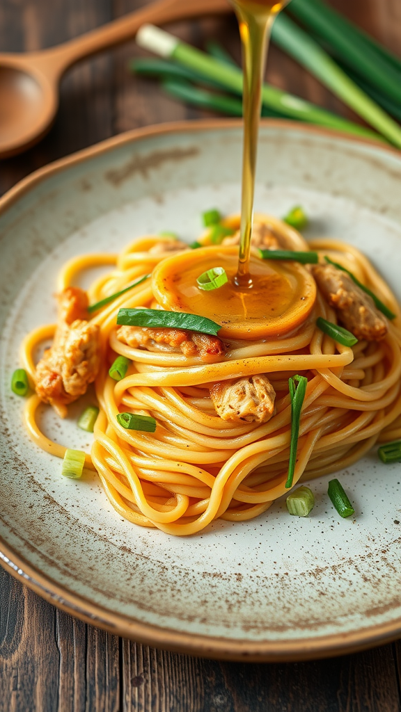 Plate of honey garlic chicken spaghetti topped with green onions.