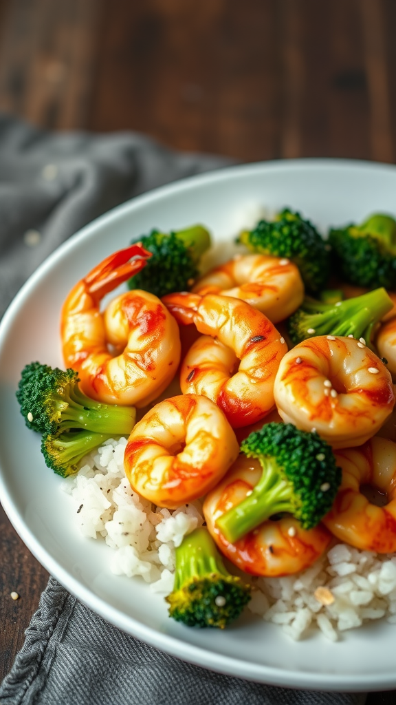 A plate of honey garlic shrimp and broccoli served over rice.