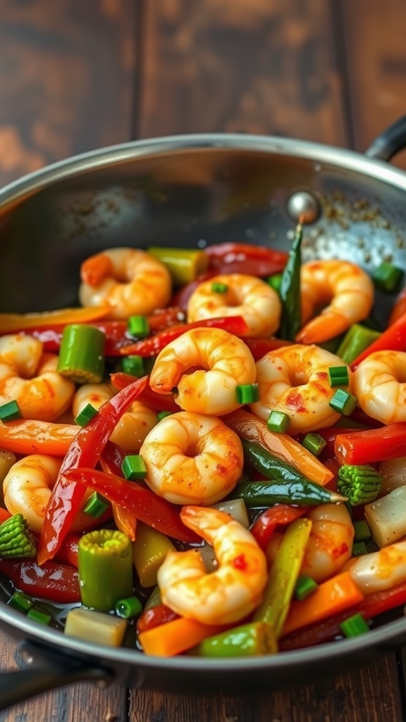 A vibrant honey garlic shrimp stir-fry with shrimp and assorted vegetables in a pan.
