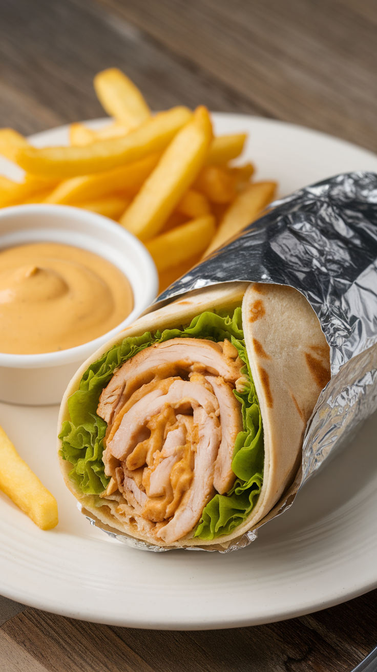 A honey mustard chicken and cheese wrap with lettuce, served with fries and dipping sauce.
