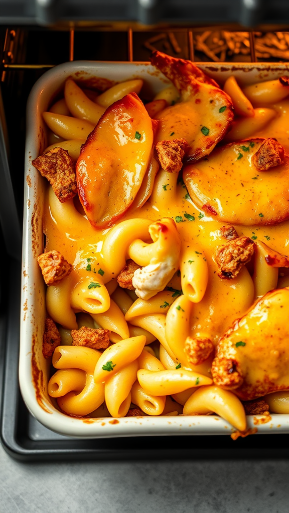 Pasta dish featuring chicken and a creamy honey mustard sauce, baked to perfection with cheese on top.