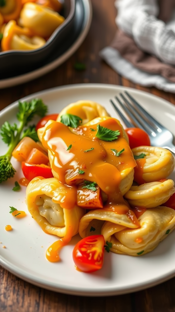 Plate of honey mustard glazed chicken tortellini with colorful peppers and zucchini.