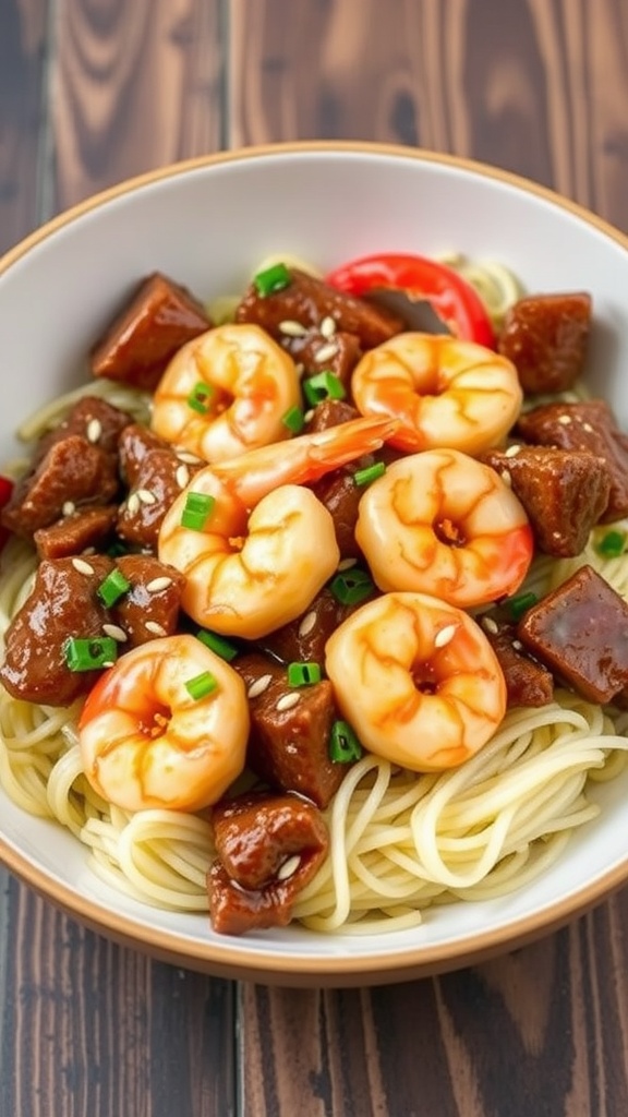 Honey Soy Glazed Shrimp and Beef Bowl with noodles and vegetables.