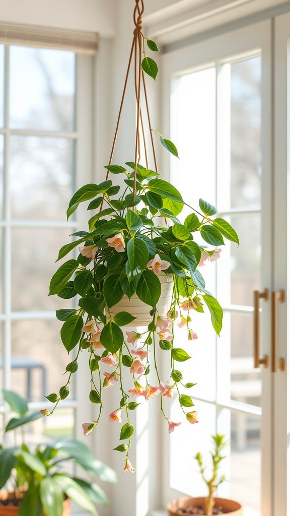 A hanging Hoya plant with green leaves and pink blooms in a sunlit room.