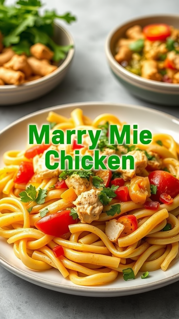 A plate of Marry Me Chicken Pasta with colorful vegetables.