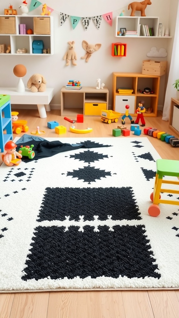A colorful kids' room with a white rug featuring black geometric patterns.