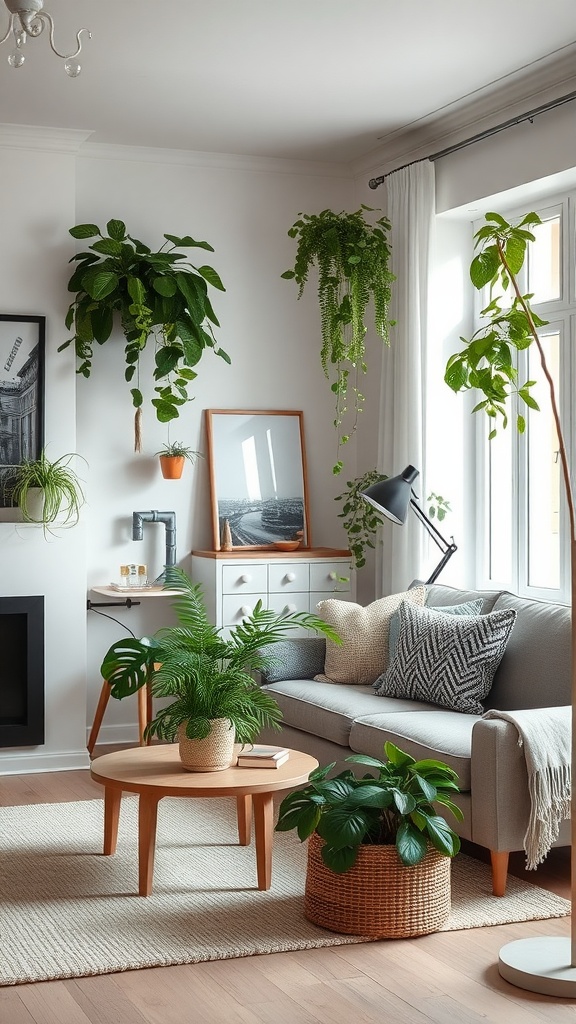 A cozy Scandinavian living room with various indoor plants, showcasing simplicity and warmth.