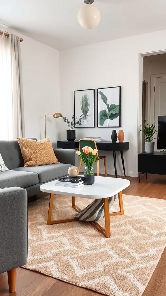 A cozy living room featuring a clean-lined marble coffee table surrounded by a gray sofa, decorative pillows, and plants.