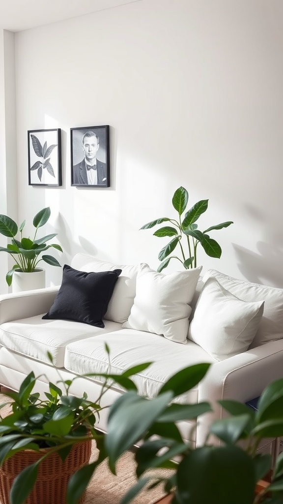 A cozy living room featuring a white sofa with black throw pillows and surrounding green plants.