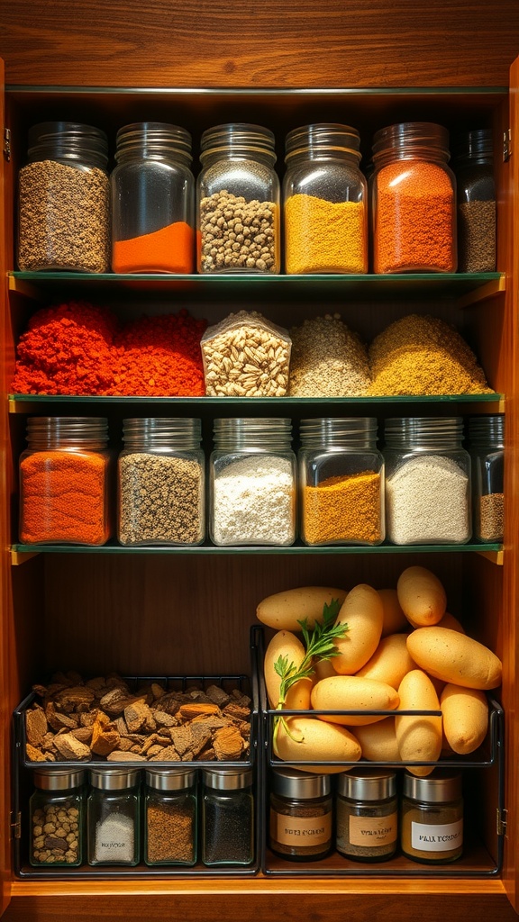 A spice cabinet filled with various jars of spices and potatoes, offering a colorful array of flavor options.