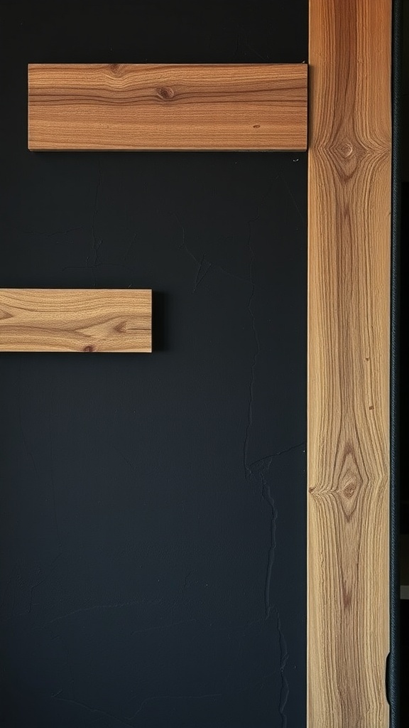 Black accent wall with wooden textures