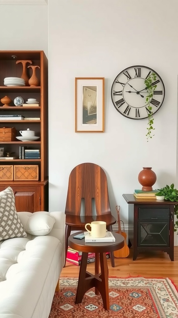 Cozy living space featuring vintage decor with a vase, framed pictures, and wooden furniture.