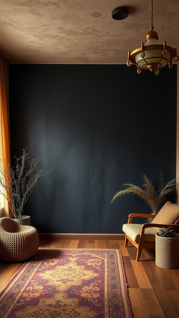 A cozy room featuring a matte black accent wall with warm-toned furniture and decor.