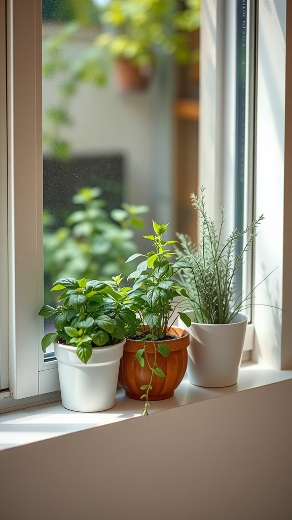 A collection of indoor herbs in pots placed on a windowsill.