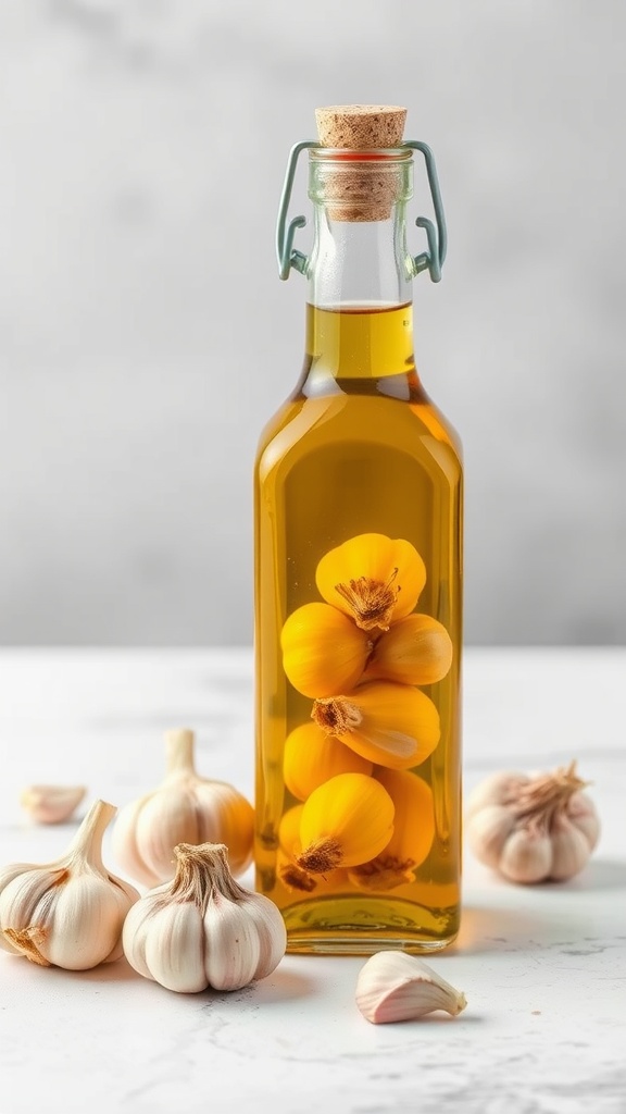 A bottle of garlic-infused oil surrounded by fresh garlic bulbs.